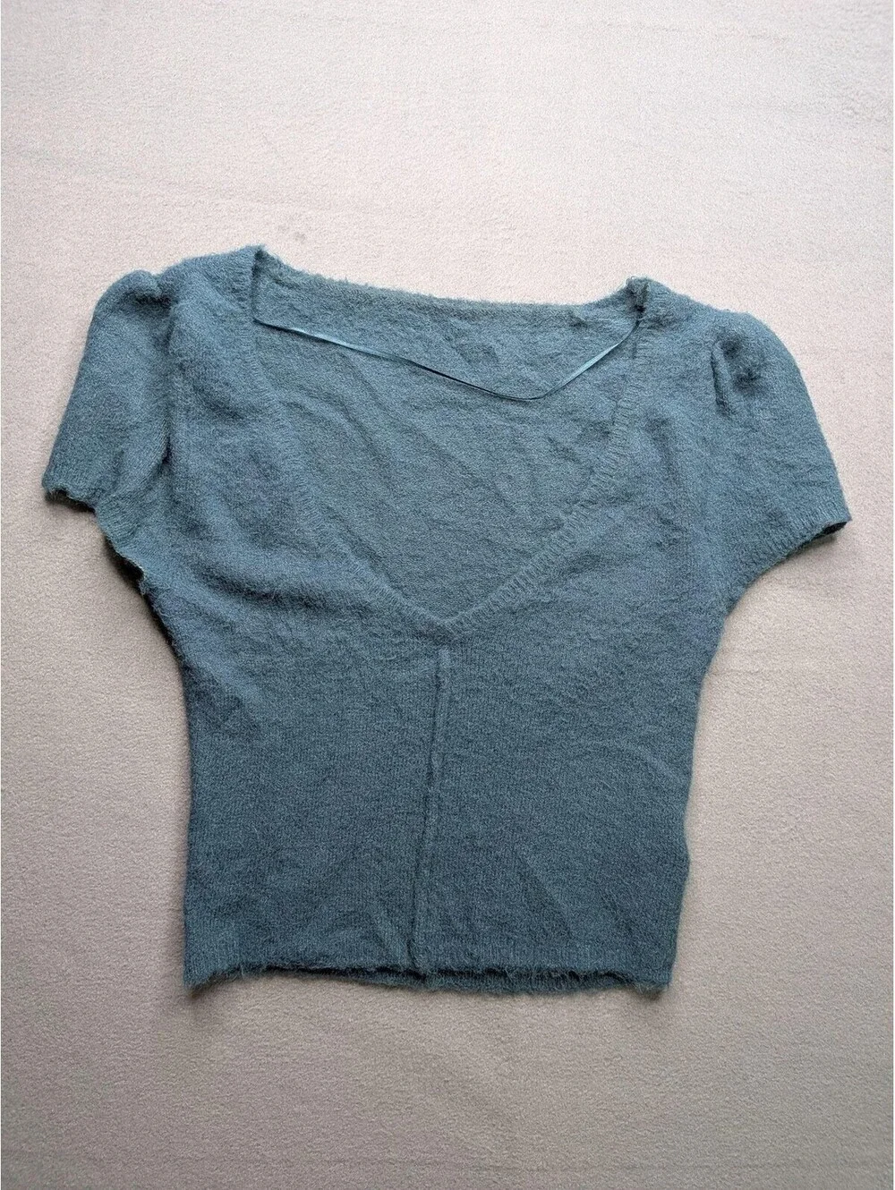 Free People Sweater Womens S Blue V Neck Short Sleeve Cropped Fuzzy Knit